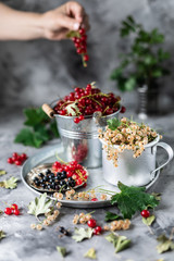 Fresh currants in a ceramic cup: black currants, red currants and white currants, selective focus.