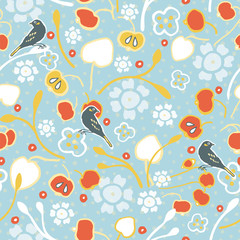 Vintage apple tree and bird on light blue dotted background. Seamless vector pattern. Perfect for fabric, wallpaper, giftwrap or postcard design