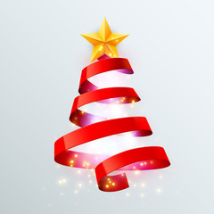 Christmas tree made of red ribbon on bright background. New year and christmas greeting card or party invitation.