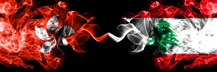 Hong Kong, China vs Lebanon, Lebanese smoky mystic states flags placed side by side. Concept and...