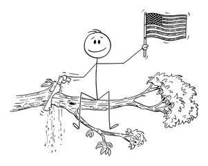 Vector cartoon stick figure drawing conceptual illustration of man waving the flag of United States of America or USA, and cutting with saw the tree branch on which he is sitting.