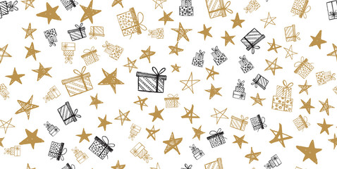 Doodle icons of gift box. Stars set. Hand drawn illustrations	