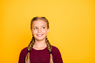 Close-up portrait of her she nice attractive charming lovely cute cheerful cheery pre-teen girl creating new idea isolated over bright vivid shine vibrant yellow color background