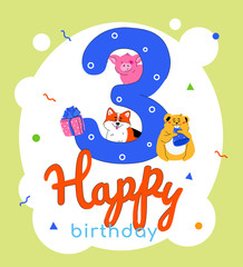 Children 3rd birthday greeting card vector template