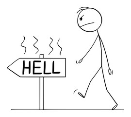 Vector cartoon stick figure drawing conceptual illustration of angry rude man or businessman walking on the path to hell. Concept of negativism and evil.