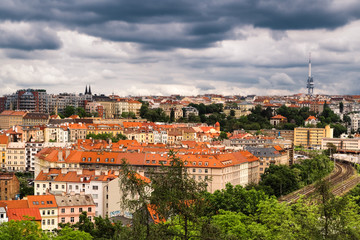 Fototapeta na wymiar Aerial view of Praha (Prague), Czech. Prague is colorful and beautiful European city.Beautiful view of the architecture of Prague in the Czech. Dramatic sky background.