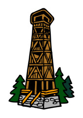 lookout tower from wood on hill in forest, color clipart
