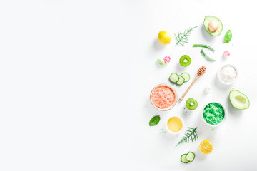 Natural and organic cosmetic concept. Spa and aromatherapy, Homemade cosmetics ingredients, extracts for natural beauty skincare product honey, lemon, almond, kiwi, cucumber, aloe vera, salt, yogurt