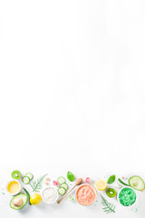 Obraz premium Natural and organic cosmetic concept. Spa and aromatherapy, Homemade cosmetics ingredients, extracts for natural beauty skincare product honey, lemon, almond, kiwi, cucumber, aloe vera, salt, yogurt