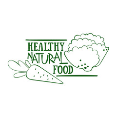 Healthy natural food. Vegetables lettering. Carrots, broccoli. Isolated vector object on a white background.