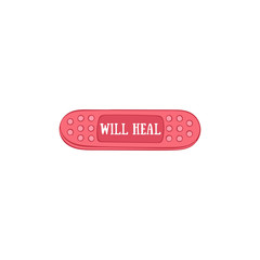 Will heal. Lettering. Medical plaster. Patch. Isolated vector object on a white background.