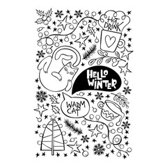 Hello, Winter. Warm cat. Hot drink. Postcard. Christmas tree and snowflake. Isolated vector object. Doodle flowers.
