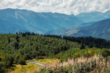 Mountains of Svaneti Georgia, forest and ski resort in summer or autumn time