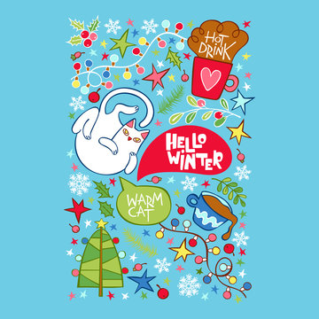 Hello, Winter. Warm cat. Hot drink. Postcard. Christmas tree and snowflake. Isolated vector object. Doodle flowers.