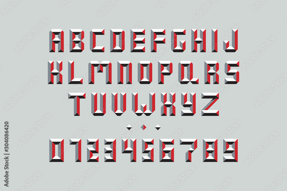 Fototapete capital letters and numbers with red elements on grey background. trendy vintage vector alphabet eas