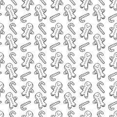 Gingerbread Man. Lollipop. Christmas sweets. Seamless vector pattern (background). Holiday print.