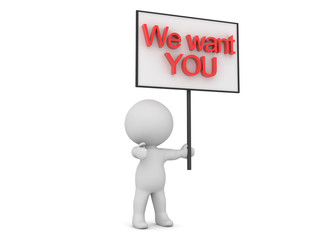 3D Character pointing and the screen and holdign sign saying We want YOU