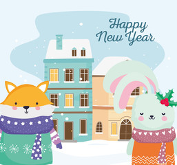 happy new year 2020 celebration cute fox and rabbit houses snow decoration