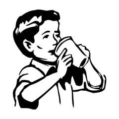 retro boy drinking a beverage from a cup, black and white clipart