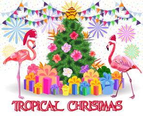Fototapeta premium Christmas tree made of tropical monstera leaves, avocado, gifts under the tree and fireworks. New Year celebration concept, banner, postcard
