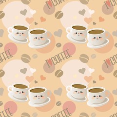 Cute seamless pattern with cups of coffee and the words 
