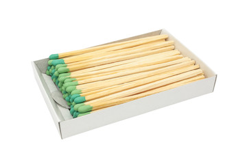 Box with long matches for gas stoves isolated on white background