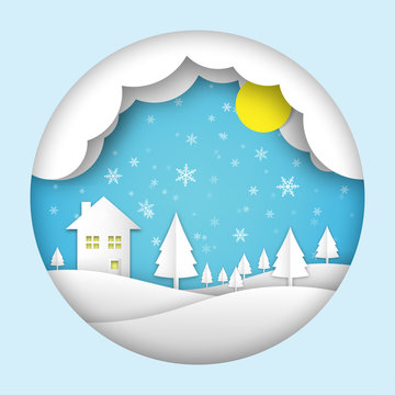 Home in winter with cloud, snow flake and yellow moon, Christmas paper cut decoration background © totojang1977
