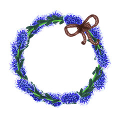 wreath of lavender flowers isolated on white background, marker illustration