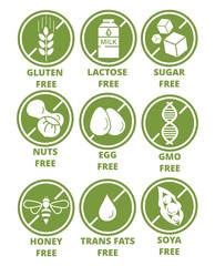Collection of ingredient warning label icons. Set of allergen free green round emblems without gluten, lactose, sugar, nuts, eggs, gmo, honey, trans fats, soya flat style. Diet, organic concept