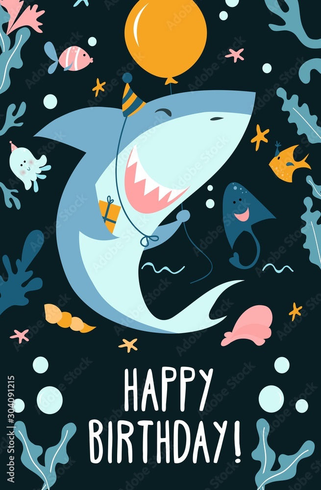 Wall mural Childrens shark party invitation template vector illustration. Festive inviting or greeting card with cute baby shark with balloons, fishes, ramp and starfish on dark background