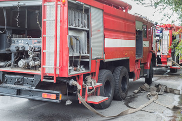 red fire truck, the general plan. Fire department work at the scene