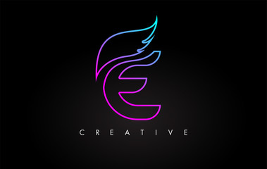 Neon E Letter Logo Icon Design with Creative Wing in Blue Purple Magenta Colors