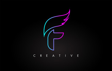 Neon F Letter Logo Icon Design with Creative Wing in Blue Purple Magenta Colors