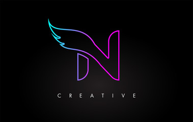 Neon N Letter Logo Icon Design with Creative Wing in Blue Purple Magenta Colors