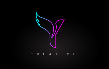 Neon Y Letter Logo Icon Design with Creative Wing in Blue Purple Magenta Colors