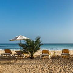 Sunbeds on golden beach