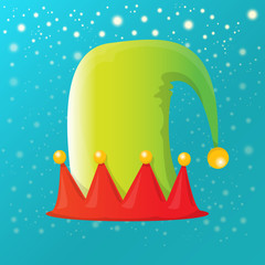 vector funky red and green stripped cartoon christmas elf hat on azure sky background with stars. vector kids colorful elf hat icon or label. Christmas decorative design element for banner or poster