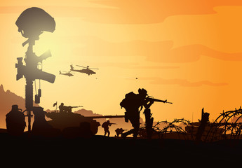 Fototapeta na wymiar Military vector illustration, Army background, soldiers silhouettes.