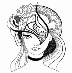 Picture for coloring. Girl. Ornaments. Graphics. Hand drawn.