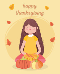 happy thanksgiving day woman with cake and pumpkin