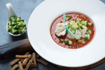 Tomato gazpacho with burrata and cucumber served in a white plate, close-up, studio shot