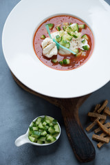 White plate of gazpacho soup with burrata cheese and cucumber, vertical shot