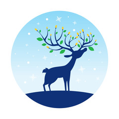 Reindeer with a light bulb and leaf on horn, christmas graphic element
