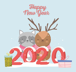 happy new year 2020 celebration reindeer raccoon gifts snow