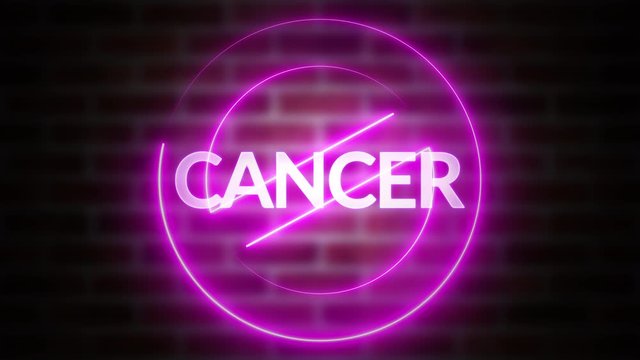 3D rendering of word CANCER against the background of brick, computer generated wireframe symbol stop with glowing laser light