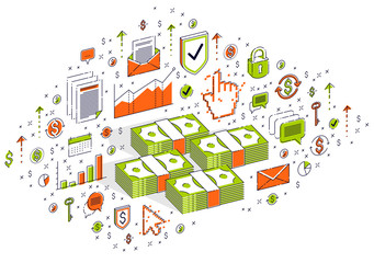 Cash money dollar stacks isolated on white background. Vector 3d isometric business and finance illustration with icons, stats charts and design elements.