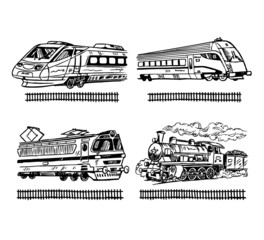 Obraz premium fast train, locomotive with modern and retro design, train service and rails set of black and white drawings