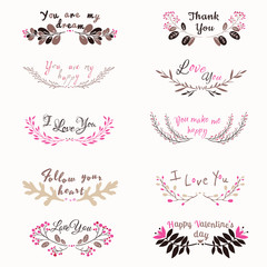 Set of vector flowers and branch. Vector floral set. Graphic collection with leaves, flowers, herbs,  drawing elements. Flat isolated vector symbols. Design for invitation or greeting cards.