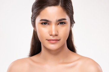 Obraz premium Beautiful Young Asian Woman with Clean Fresh Skin. Face care, Facial treatment, on white background, Beauty and Cosmetics Concept.