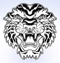 Naklejka premium Lion's portrait made in an old-stylized tattoo. Vector illustration for coloring book, t-shirts, tattoo art, boho design, posters, textiles. Isolated vector illustration.